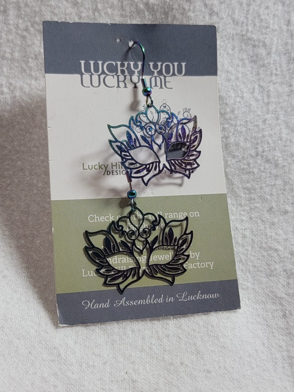 Lucky You Multicolor Lotus Mask Drop Earrings - Iridescent & Black